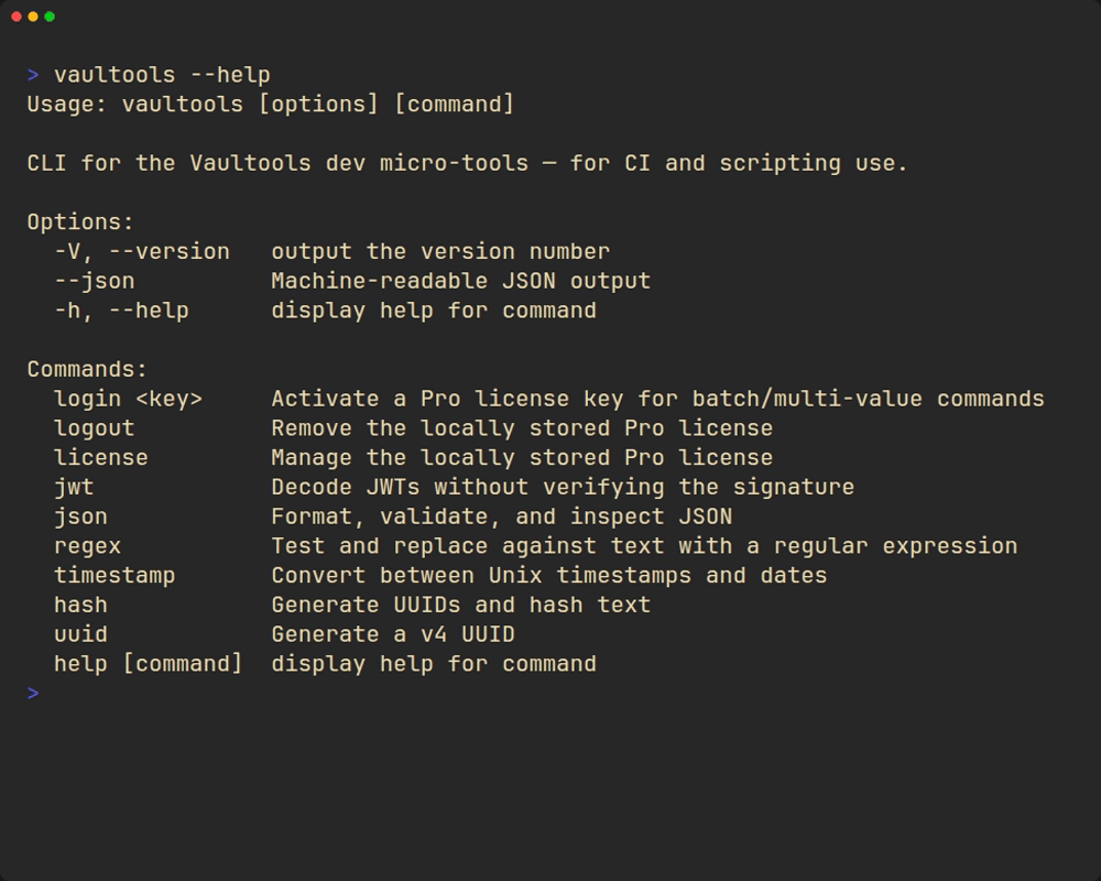 Installing the vaultools CLI globally with npm, checking its version, then viewing the full command list via --help.