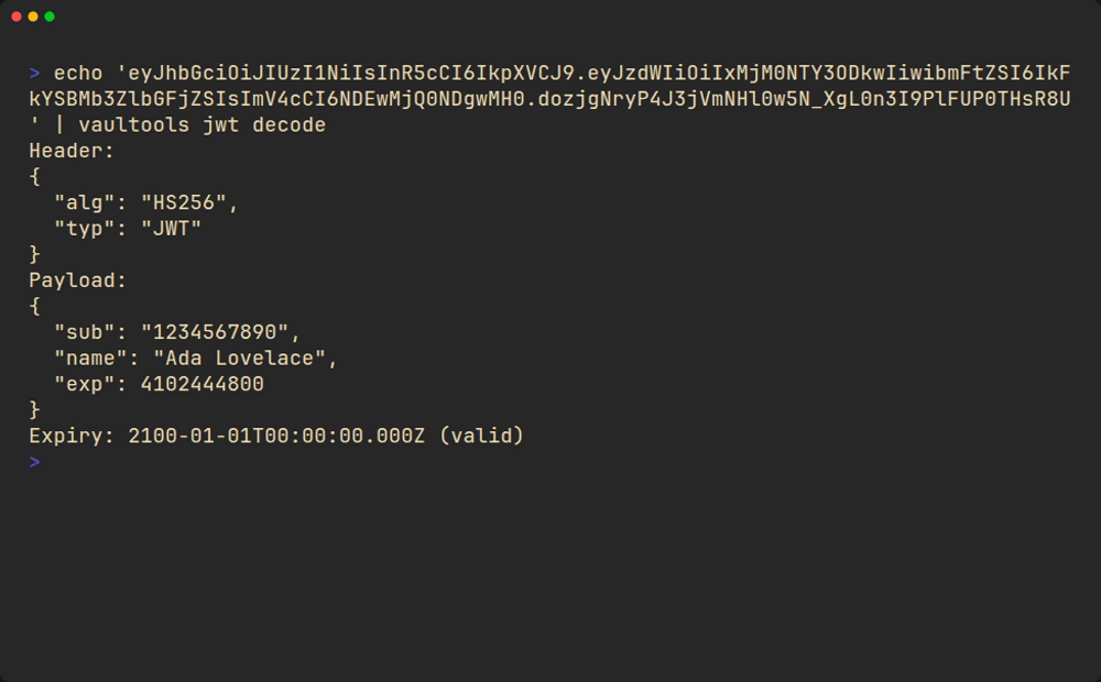 Piping JSON through the CLI to format it, decoding a JWT via stdin, then hitting the real Pro-gated batch command.
