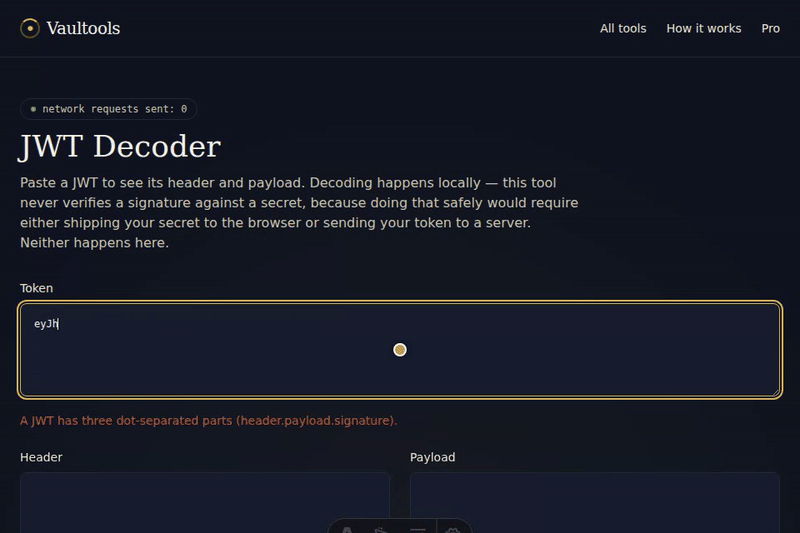 Pasting a JWT into the decoder and seeing its header, payload, and expiry appear.