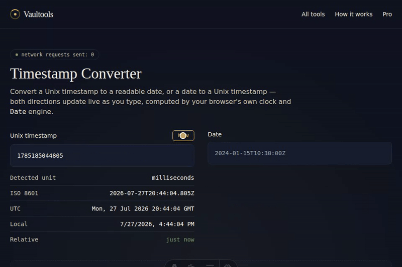 Clicking "Now" to fill in the current timestamp, seeing it convert to ISO/UTC/local time, then typing a date to convert back.